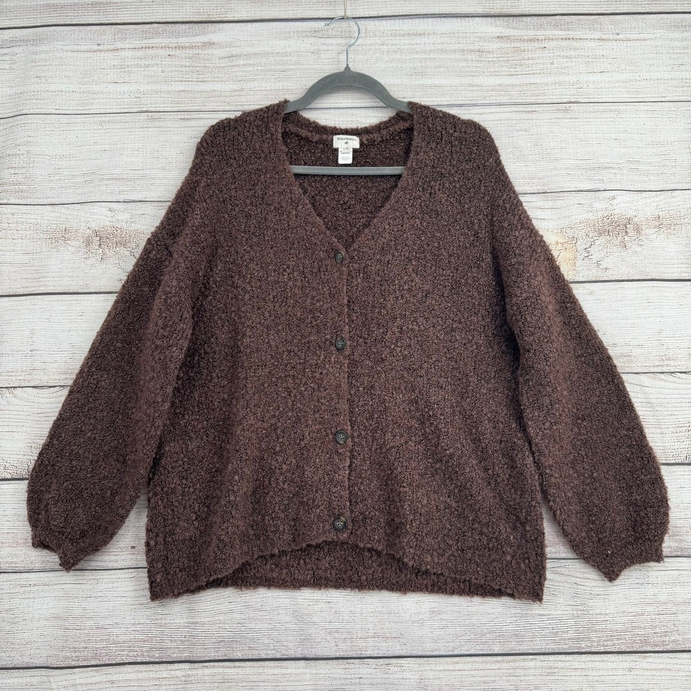 World Market Cardigan Sweater Womens L/XL Brown Boucle Knit V-Neck 623747